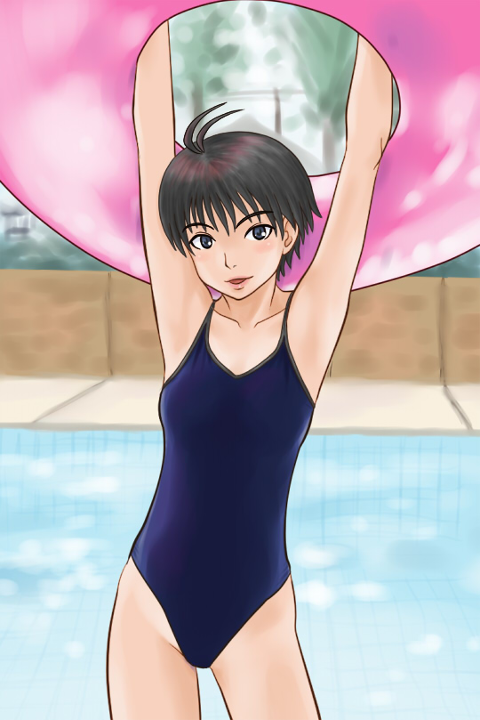 00s, 1girl, antenna_hair, armpits, arms_up, brown_eyes, brown_hair, female_focus