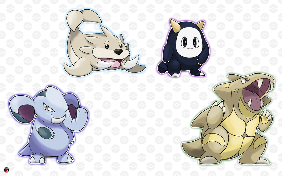 alexalan, closed_mouth, commentary, creature, elephant, english_commentary, fangs, gen_1_pokemon, grey_eyes, nintendo, no_humans, open_mouth, poke_ball_print, pokemon, pokemon_(creature), pokemon_red/green/blue/yellow, pokemon_rgby_beta, red_eyes, seel_(beta), smile, standing, unnamed_dinosaur_(pokemon_rgby_beta), unnamed_elephant_(pokemon_rgby_beta), unnamed_horned_pokemon_(pokemon_rgby_beta)