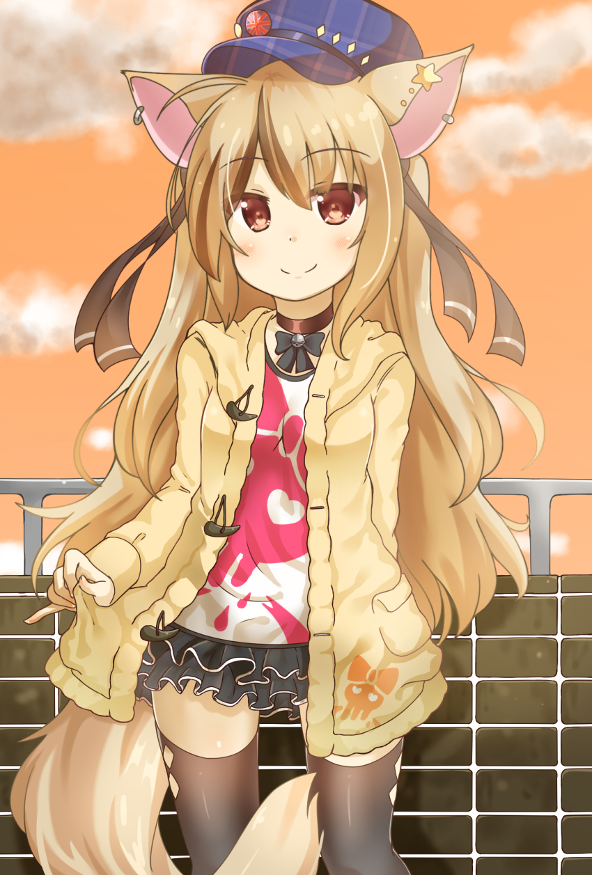 1girl, animal_ears, blonde_hair, brown_eyes, chaakusu, coat, coat_lift, collar