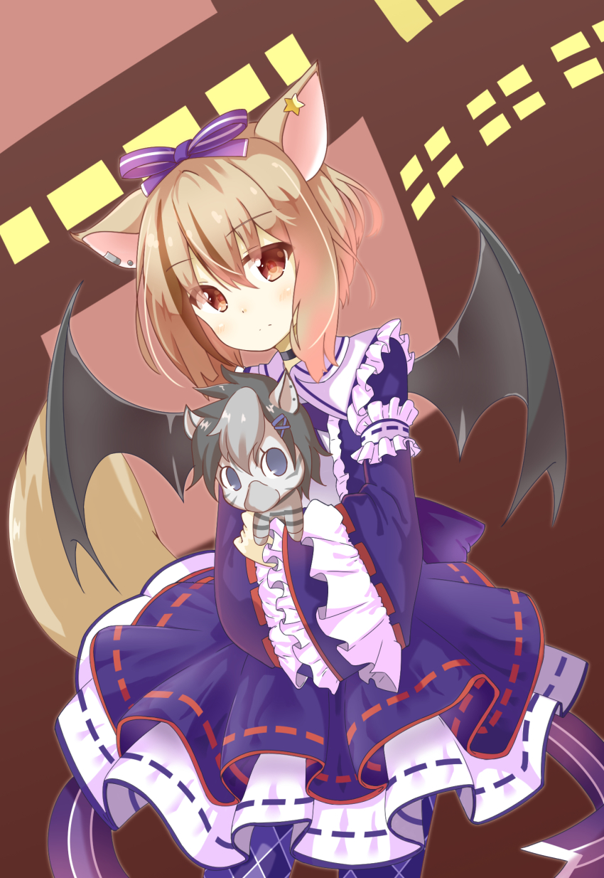 1girl, animal, animal_ears, bat_wings, chaakusu, collar, dress, earrings