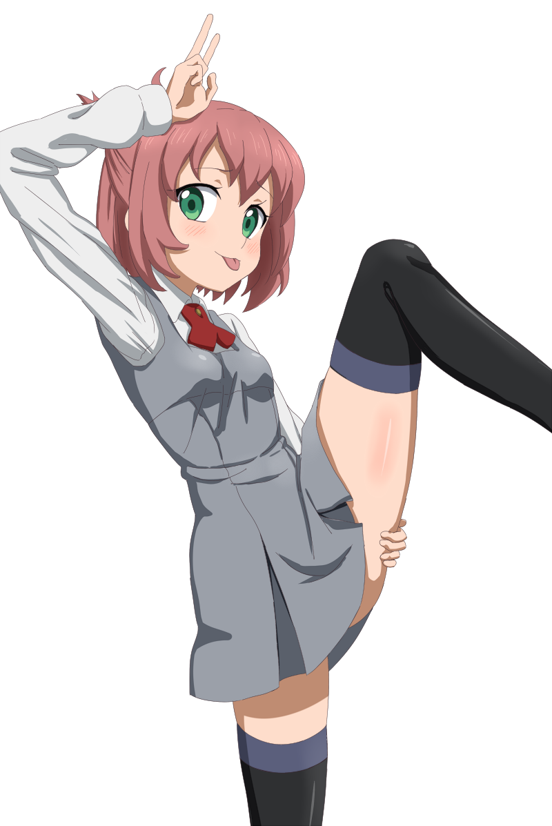 10s, 1girl, :p, arm_up, black_thighhighs, blush, breasts, brown_hair, closed_mouth, collared_shirt, commentary_request, dress, female_focus, green_eyes, grey_dress, gundam, gundam_build_divers, hair_between_eyes, hand_on_own_thigh, hand_on_thigh, long_sleeves, pinafore_dress, pleated_dress, shirt, simple_background, sincos, sleeveless, sleeveless_dress, small_breasts, smile, solo, standing, standing_on_one_leg, thighhighs, tongue, tongue_out, v, white_background, white_shirt, yashiro_momoka