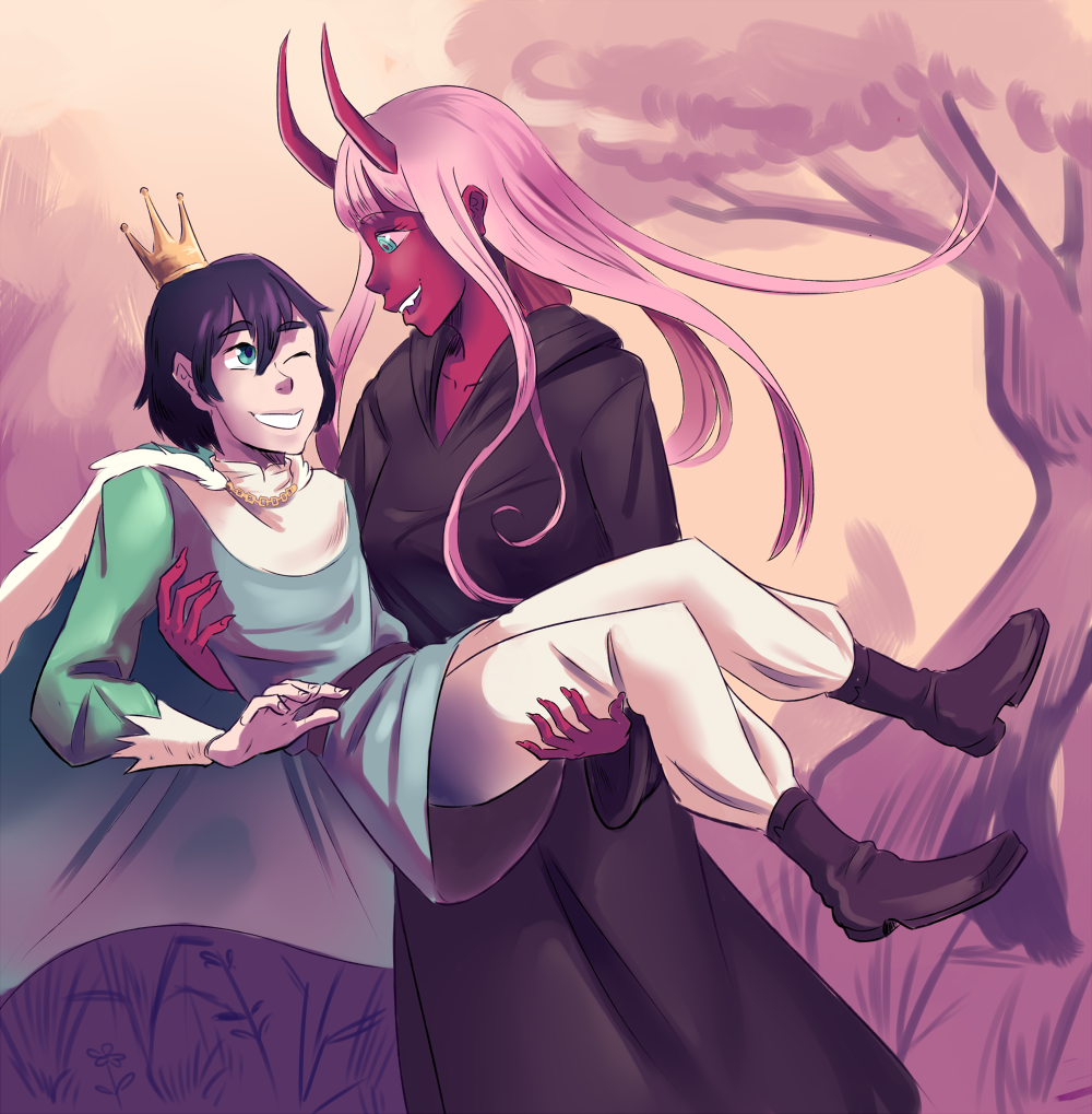 10s, 1boy, 1girl, black_cloak, black_footwear, black_hair, blue_eyes, boots, cape, carrying, cloak, colored_sclera, colored_skin, couple, crown, darling_in_the_franxx, fangs, fringe_trim, fur_boots, green_cape, green_eyes, hetero, hiro_(darling_in_the_franxx), hood, hooded_cloak, horns, long_hair, looking_at_another, nessiefynn, one_eye_closed, oni_horns, pants, parka, pink_hair, princess_carry, red_horns, red_pupils, red_sclera, red_skin, reverse_princess_carry, short_hair, white_pants, zero_two_(darling_in_the_franxx)