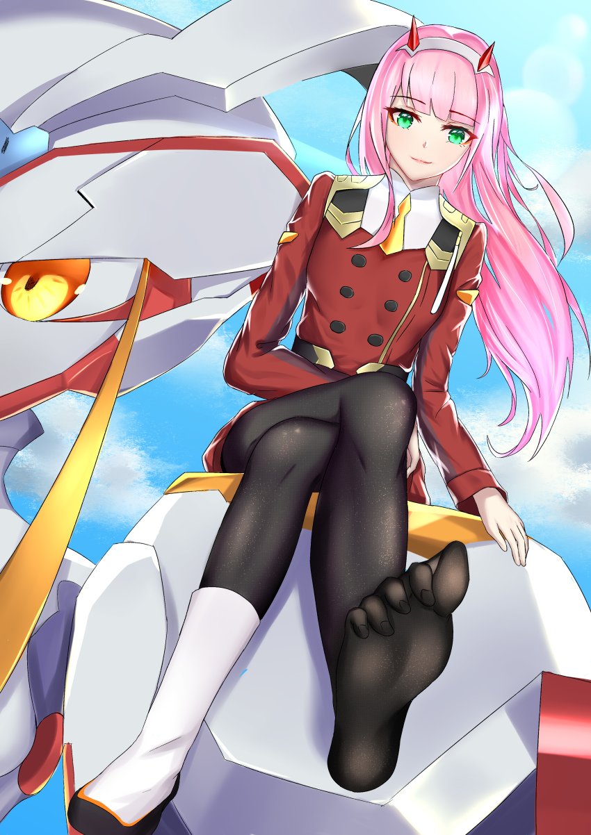 10s, 1girl, absurdres, artist_request, bad_id, bad_pixiv_id, black_pantyhose, unworn_boot, boots, crossed_legs, darling_in_the_franxx, day, eyelashes, feet, female_focus, foot_focus, from_below, green_eyes, hairband, highres, horns, humanoid_robot, long_hair, looking_at_viewer, mecha, orange_neckwear, pantyhose, pink_hair, red_horns, robot, sitting_on_robot, sky, smile, solo, strelizia, uniform, white_hairband, zero_two_(darling_in_the_franxx)