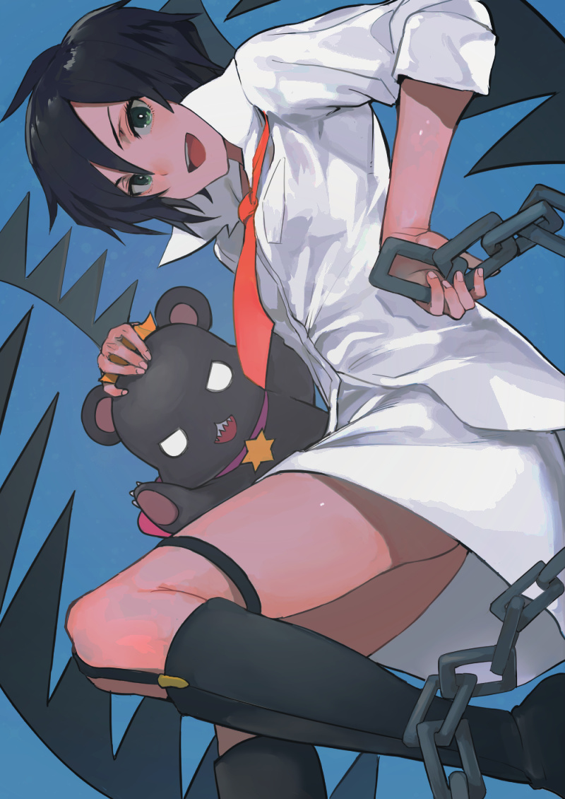 :d, ahoge, bear, black_footwear, black_hair, blue_background, boots, breast_pocket, chain, collared_shirt, commentary, dress_shirt, fushoku, green_eyes, hair_between_eyes, harishima_kaoru, holding, holding_chain, knee_boots, long_sleeves, looking_at_viewer, necktie, open_collar, open_mouth, pocket, red_neckwear, shirt, short_hair, simple_background, sleeves_rolled_up, smile, teeth, thighs, upper_teeth_only, white_shirt, yuri_kuma_arashi