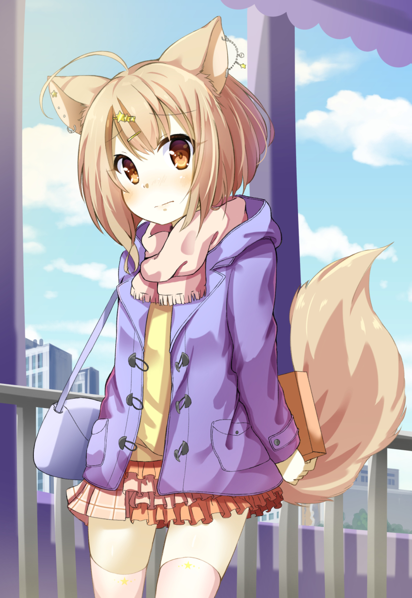 1girl, animal_ears, bag, blue_sky, box, building, chaakusu, cityscape
