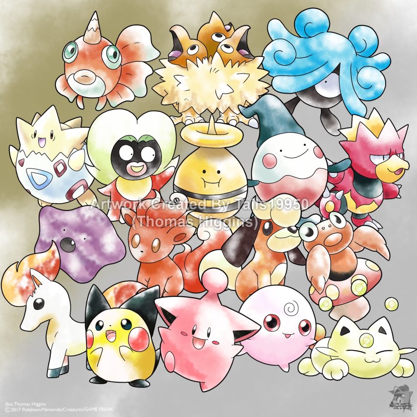 :d, artist_name, ballerina_(pokemon), betobaby, cleffa_(beta), coin, commentary, creature, elebaby, english_commentary, fiery_tail, fire, fish, gen_2_pokemon, grey_background, gyopin, happy, highres, hinaazu, horns, igglybuff_(beta), koonya, lip_(pokemon), lying, magby, mikon, monja, nintendo, no_humans, on_stomach, open_mouth, para_(pokemon), petitcorn, pichu, pokemon, pokemon_(creature), pokemon_gold/silver/crystal, pokemon_gold/silver/crystal_(prototype), prototype_design, pudii, single_horn, smile, tail, togepi, tom_higgins, watermark, white_hair