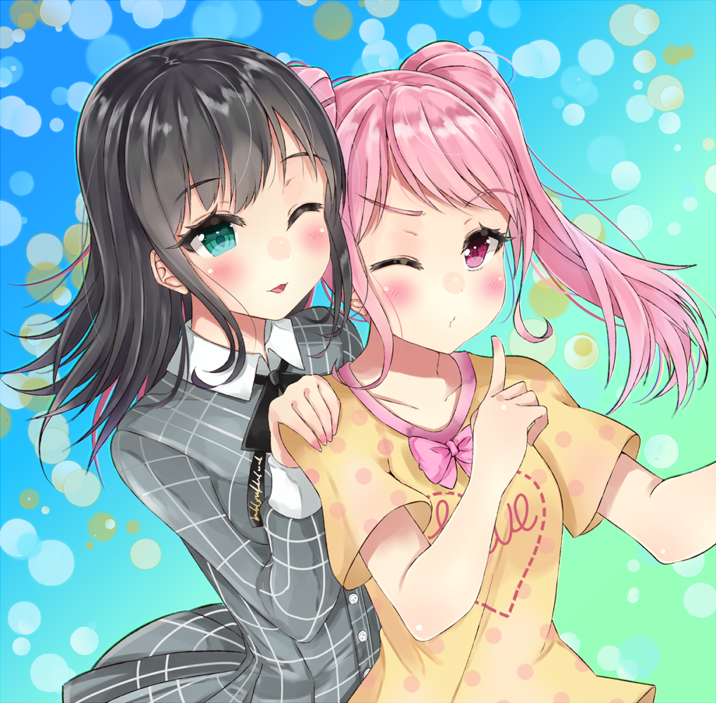 2girls, ;d, aqua_eyes, bang_dream!, bang_dream!_girls_band_party!, black_hair, black_neckwear, blurry