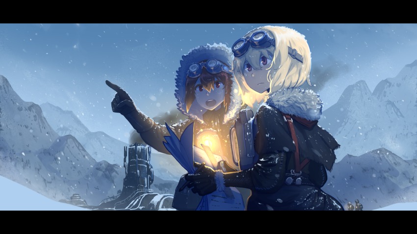 2girls, blonde_hair, brown_hair, commentary, erica_(naze1940), frostpunk, fur_trim, goggles, goggles_on_head, highres, holding, hood, hood_up, lantern, letterboxed, multiple_girls, original, outdoors, paper, pointing, snow, snowing, winter_clothes