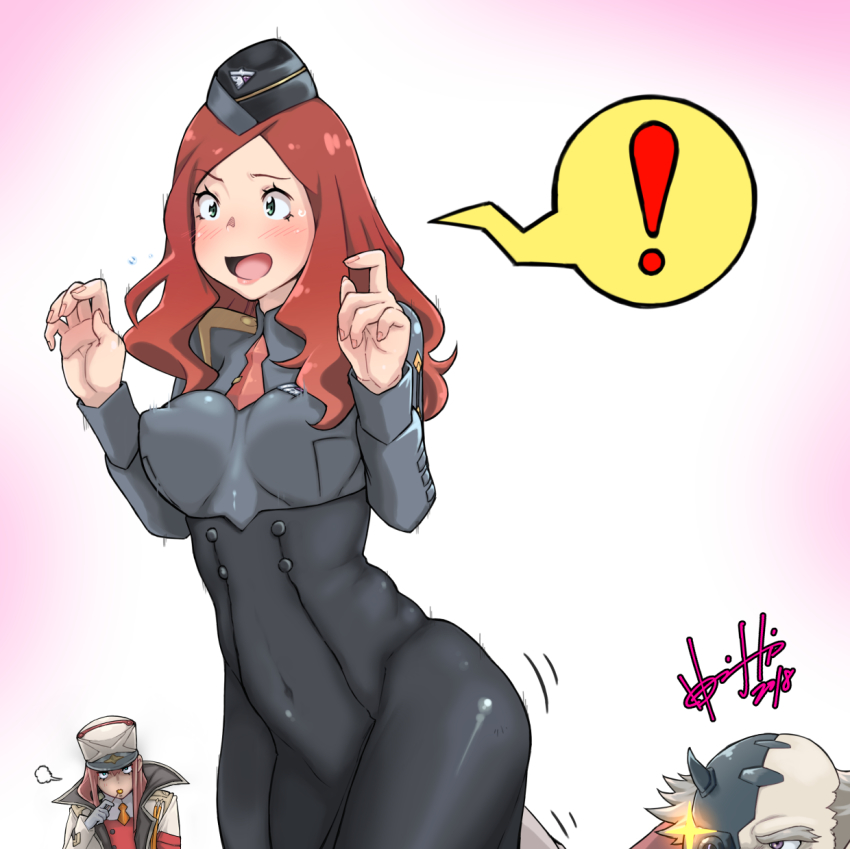 !, 10s, 1boy, 2girls, :d, black_hat, black_skirt, blue_eyes, candy, covered_erect_nipples, covered_navel, darling_in_the_franxx, dr._franxx, eyelashes, fingernails, food, garrison_cap, grey_shirt, hands_up, hat, high-waist_skirt, highres, hori_shin, impossible_clothes, impossible_shirt, lips, lollipop, long_skirt, long_sleeves, motion_lines, multiple_girls, nana_(darling_in_the_franxx), necktie, old, old_man, open_mouth, orange_neckwear, parted_bangs, pink_hair, red_hair, red_neckwear, shirt, short_necktie, skirt, smile, sparkle, speech_bubble, spoken_exclamation_mark, surprised, tongue, wavy_mouth, white_hat, zero_two_(darling_in_the_franxx)