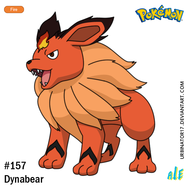 brown_eyes, brown_hair, character_name, creature, dynabear, fangs, fire, full_body