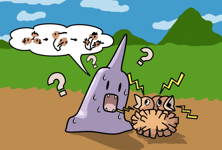 ?, animon, animon_(evolved_ditto), arrow_(symbol), backlighting, bad_id, bad_pixiv_id, blue_sky