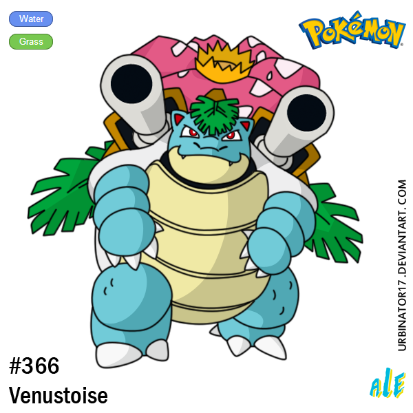 blastoise, character_name, claws, fangs, fusion, gen_1_pokemon, logo, monster, nintendo, no_humans, pokemon, pokemon_(anime), pokemon_(classic_anime), pokemon_(creature), red_eyes, signature, standing, transparent_background, urbinator17, venusaur, venustoise, watermark, web_address