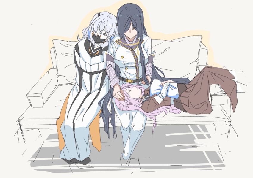 10s, 3girls, absurdres, black_hair, brown_skirt, choker, couch, highres