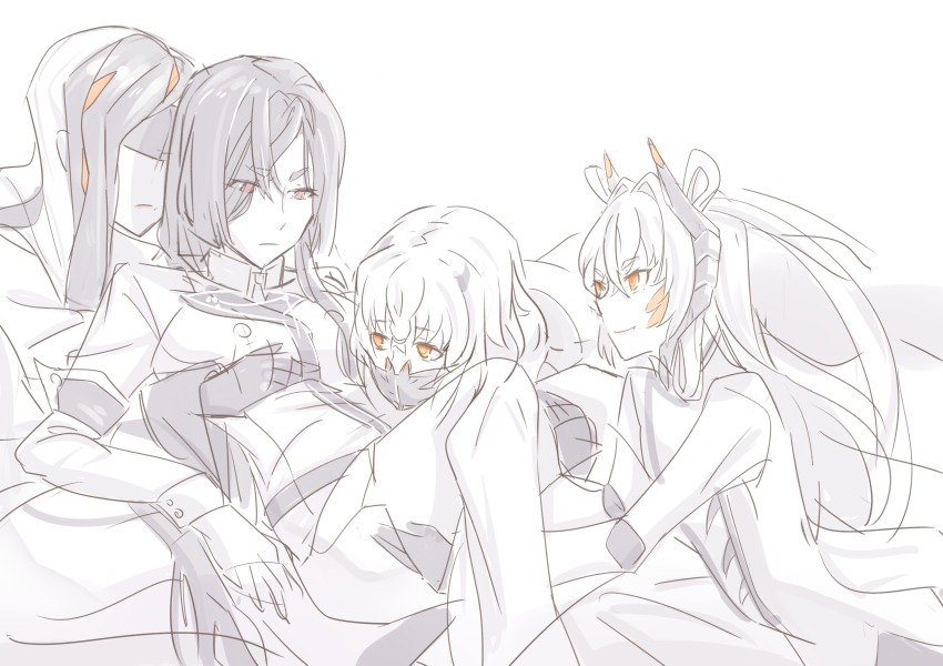 10s, 4girls, absurdres, affectionate_harem, black_hair, eyes_visible_through_hair, hair_between_eyes, hair_over_one_eye, highres, ichikishimahime, long_hair, lying, mask, mouth_mask, multicolored_hair, multiple_girls, ninja_mask, on_back, orange_eyes, origami_yukari, red_eyes, sketch, tagitsuhime, takirihime, toji_no_miko, yukikuma_(yukikuma_018), yuri