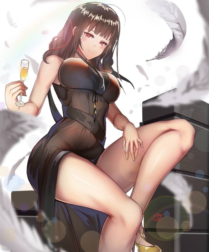1girl, armpits, bare_shoulders, black_dress, blunt_bangs, blush, bottle, breasts