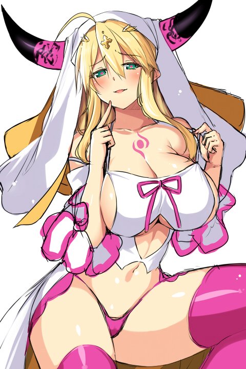 1girl, ahoge, artoria_pendragon_(fate), artoria_pendragon_(lancer)_(fate), bad_id, bad_twitter_id, blush, braid, breasts, cosplay, fate/grand_order, fate_(series), female_focus, green_eyes, hair_between_eyes, hair_down, heart, heart-shaped_pupils, hip_focus, horns, horosuke, huge_breasts, long_hair, looking_at_viewer, midriff, navel, panties, parted_lips, sesshouin_kiara_(cosplay), sessyoin_kiara, sessyoin_kiara_(heaven's_hole), sidelocks, simple_background, skirt, sleeveless, smile, solo, stomach, symbol-shaped_pupils, tattoo, thighs, underboob, underwear, unfinished, white_background