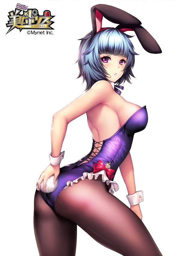 1girl, animal_ears, ass, bad_id, bad_pixiv_id, bare_shoulders, blue_hair, blush, breasts, buttons, commentary_request, copyright_name, detached_collar, fake_animal_ears, female_focus, frills, from_side, hui_jie, leotard, logo, looking_at_viewer, medium_breasts, original, pantyhose, parted_lips, playboy_bunny, purple_eyes, purple_leotard, rabbit, rabbit_ears, rabbit_tail, ribbon, simple_background, solo, strapless, strapless_leotard, tail, white_background, wrist_cuffs