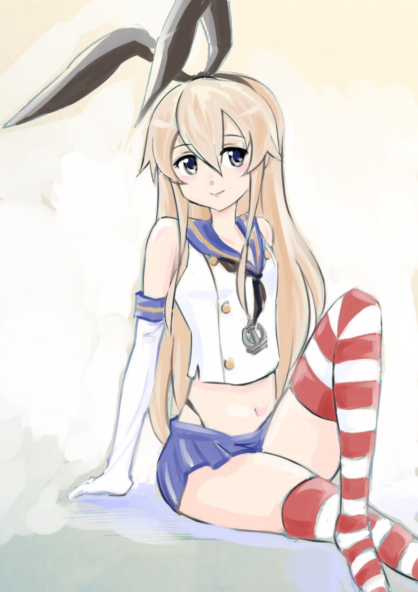1girl, animal_ears, blonde_hair, commentary_request, crop_top, crossed_legs, elbow_gloves, fake_animal_ears