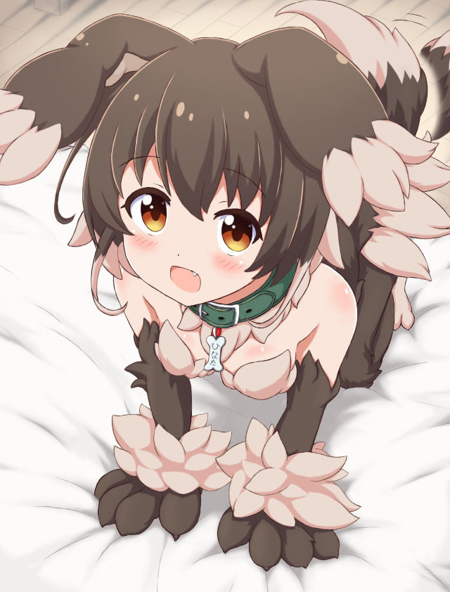 1girl, :d, all_fours, animal_ears, animal_hands, battle_girl_high_school, bed_sheet, blush