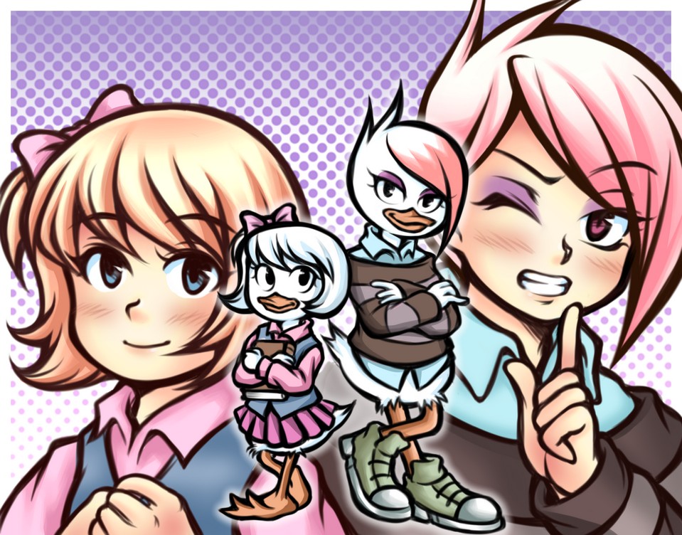 2girls, barefoot, bird, black_sweater, blush, book, collared_shirt, dual_persona, duck, ducktales, eyelashes, finger_to_mouth, hands_on_own_chest, holding, holding_book, hugging_object, lena_le_strange, long_sleeves, looking_at_viewer, makeup, mascara, mickey_mouse_&amp;_friends, multiple_girls, one_eye_closed, personification, pink_eyes, pink_hair, pink_skirt, polka_dot, polka_dot_background, purple_background, shirt, shoes, short_hair, shushing, skirt, sneakers, standing, sweater, swept_bangs, thaumana, vest, waistcoat, webby_vanderquack, white_hair, white_shirt