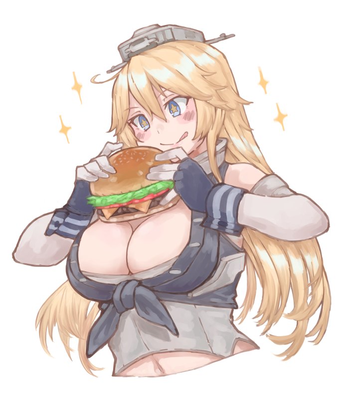 1girl, azumaya_toride, blonde_hair, blue_eyes, breasts, burger, elbow_gloves, female_focus, fingerless_gloves, food, front-tie_top, gloves, iowa_(kancolle), kantai_collection, large_breasts, simple_background, solo, sparkle, star-shaped_pupils, star_(symbol), symbol-shaped_pupils, tongue, tongue_out, upper_body, white_background