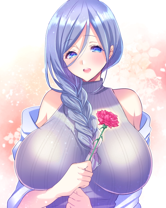 1girl, aizawa_chihiro, bare_shoulders, blue_eyes, blue_hair, blush, braid, breasts, carnation, female_focus, flower, large_breasts, long_hair, looking_at_viewer, mature_female, mother's_day, open_mouth, original, pink_carnation, pink_flower, raised_eyebrows, round_teeth, sleeveless, sleeveless_turtleneck, smile, solo, teeth, turtleneck