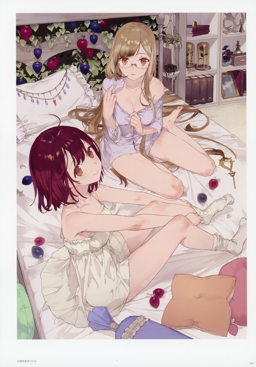2girls, absurdres, adjusting_sock, ahoge, atelier_(series), atelier_sophie, barefoot, bed