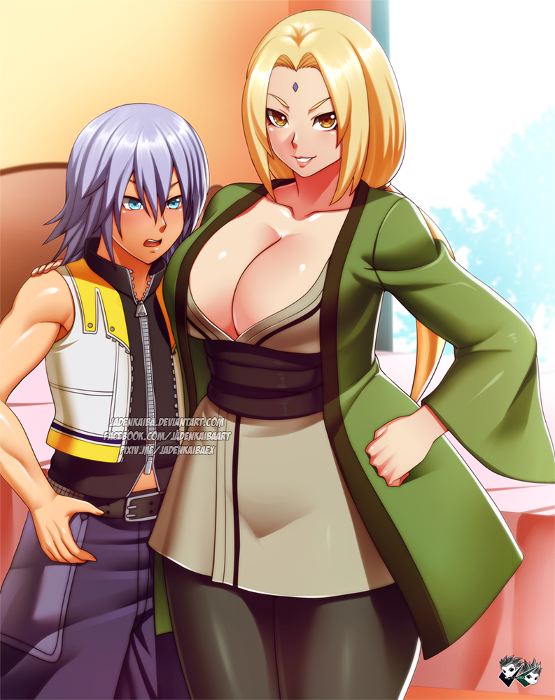 1boy, 1girl, age_difference, breasts, cleavage, crossover, dark-skinned_male, dark_skin, jadenkaiba, kingdom_hearts, large_breasts, naruto_(classic), naruto_(series), riku_(kingdom_hearts), smile, tsunade_(naruto), yellow_wall