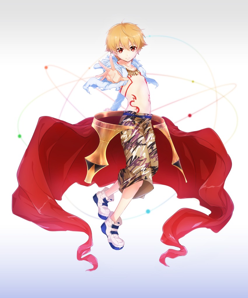 1boy, absurdres, bare_pectorals, blonde_hair, blue_background, chain, chest_tattoo, child_gilgamesh_(fate)