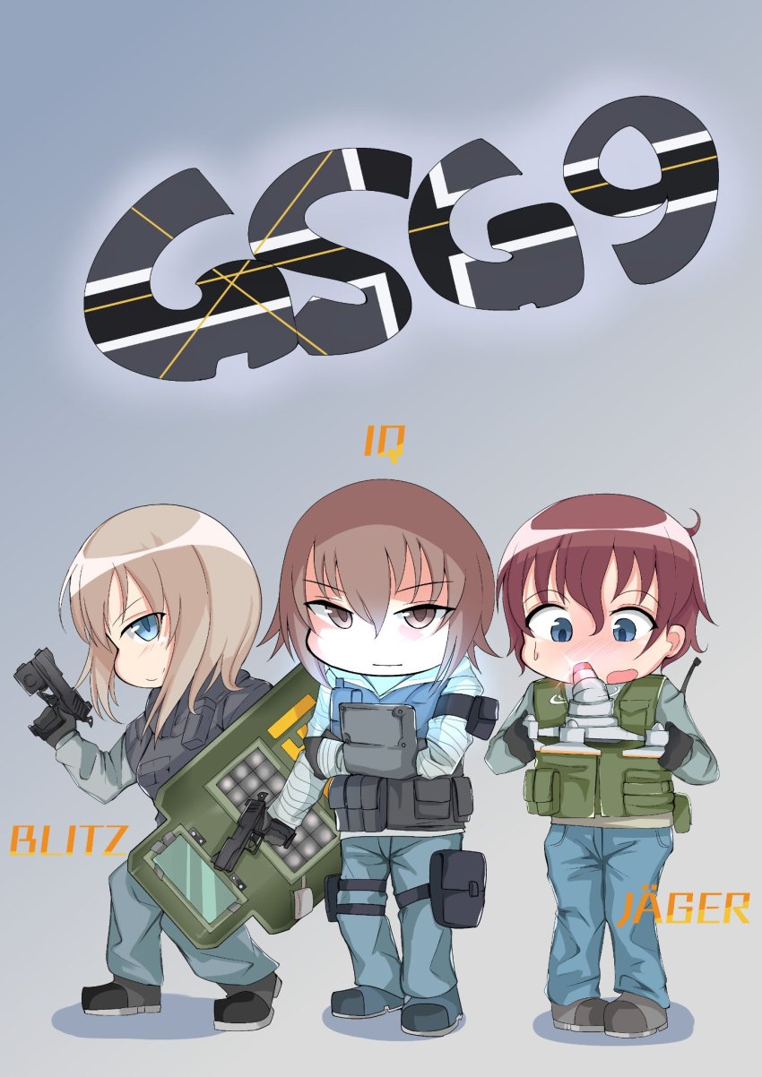 10s, 3girls, akaboshi_koume, ammunition_pouch, antennae, ballistic_shield, black_footwear, black_gloves