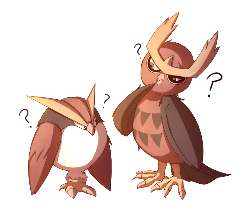 ?, beak, bird, bird_tail, bird_wings, booboo, creature, cuchuflin, gen_2_pokemon, looking_at_another, nintendo, no_humans, noctowl, owl, pokemon, pokemon_(creature), pokemon_gold/silver/crystal, pokemon_gold/silver/crystal_(prototype), simple_background, tail, wings