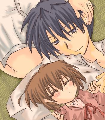 00s, 1boy, 2girls, clannad, family, furukawa_nagisa, husband_and_wife, lap_pillow