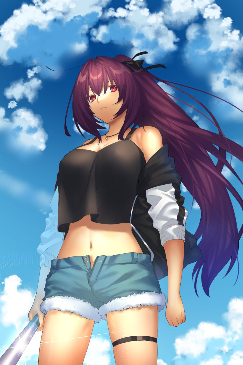 1girl, absurdres, alternate_costume, alternate_hairstyle, bad_id, bad_twitter_id, baseball_bat, blue_sky, breasts, cleavage, cloud, cloudy_sky, collarbone, day, expressionless, fate/grand_order, fate_(series), female_focus, highres, jacket, jewelry, lens_flare, looking_at_viewer, navel, necklace, ponytail, scathach_(fate), seseragi_azuma, short_shorts, shorts, sky, solo, tank_top, thigh_strap, unbuttoned