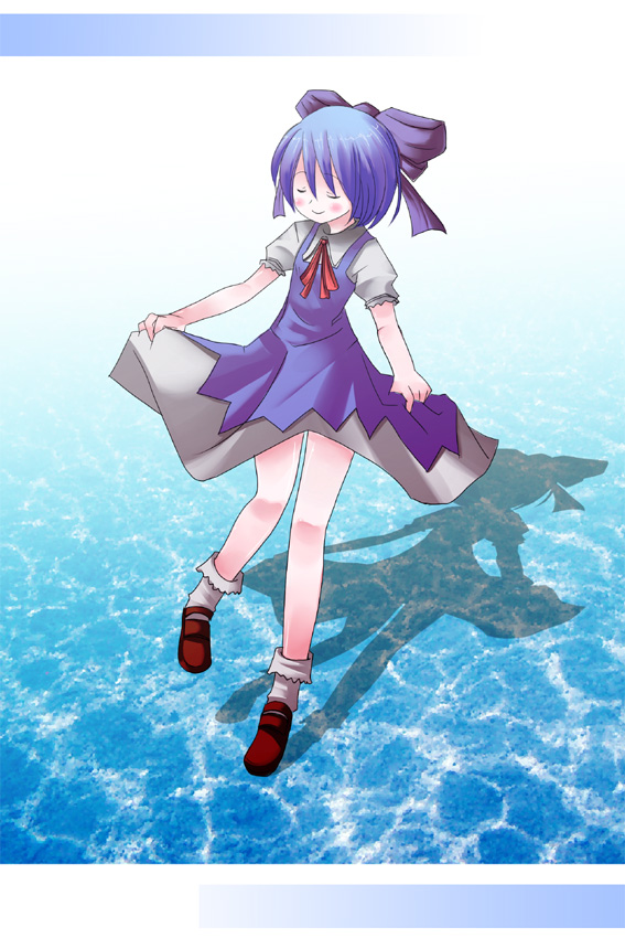 1girl, blouse, cirno, closed_eyes, clothes_lift, collared_shirt, dress, dress_lift