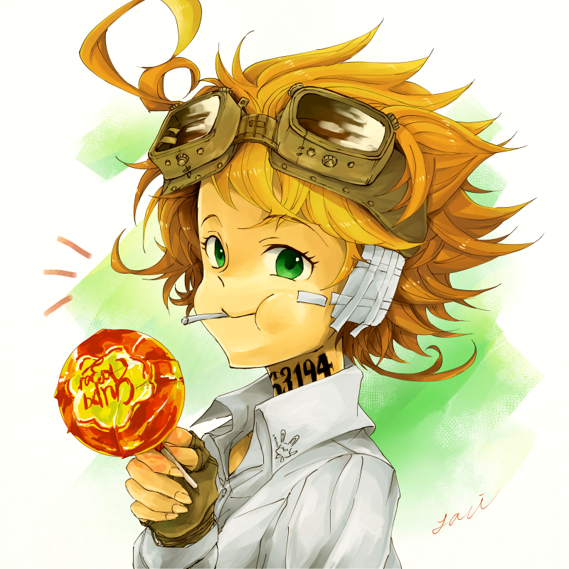 1girl, blouse, brown_gloves, candy, chupa_chups, emma_(yakusoku_no_neverland), fingerless_gloves, food