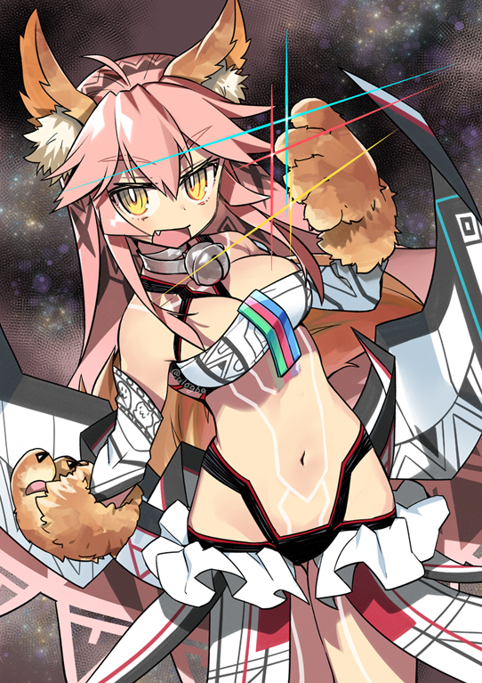1girl, :d, altera_(fate), altera_(fate)_(cosplay), altera_(third_ascension)_(fate), animal_ear_fluff, animal_ears, animal_hands