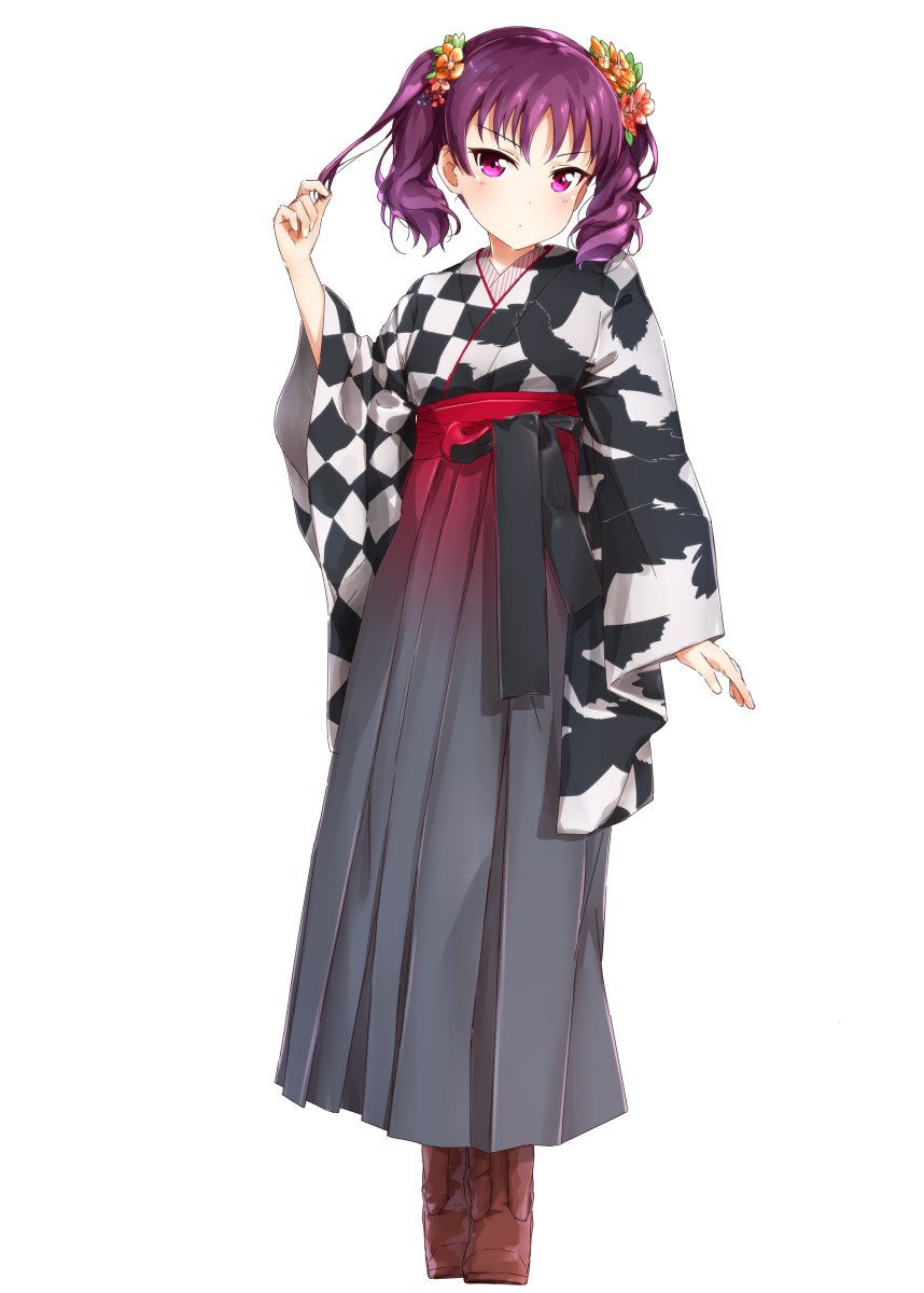 1girl, animal_print, bird_print, boots, brown_boots, checkered_clothes, checkered_kimono, female_focus, flower, full_body, gradient_hakama, hair_flower, hair_ornament, hakama, hakama_skirt, high_heel_boots, high_heels, highres, japanese_clothes, kazuno_leah, kimono, long_sleeves, looking_at_viewer, love_live!, love_live!_sunshine!!, meiji_schoolgirl_uniform, pink_eyes, playing_with_own_hair, purple_hair, simple_background, skirt, solo, standing, suke_(momijigari), twintails, v-shaped_eyebrows, white_background, wide_sleeves