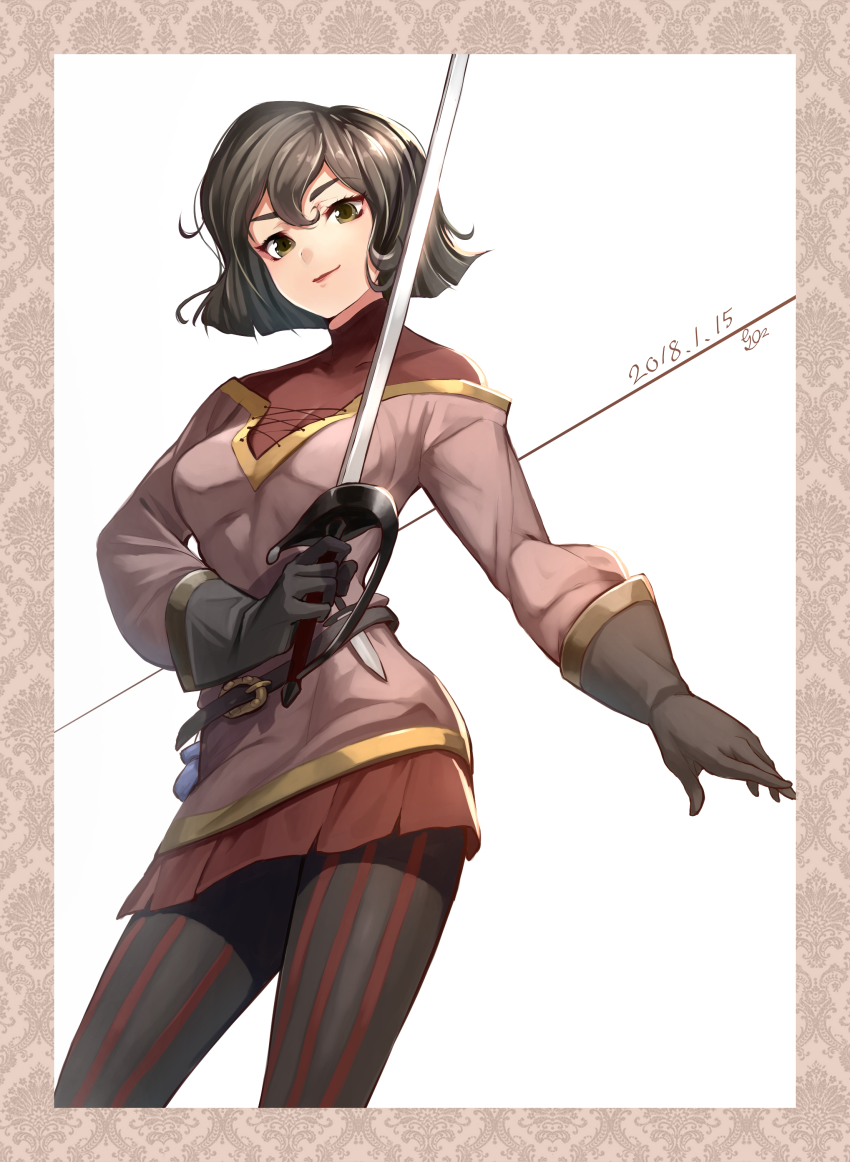 1girl, 2018, absurdres, belt, belt_buckle, black_belt, black_gloves, black_hair, black_pantyhose, border, breasts, buckle, cassandra_(tangled), closed_mouth, cowboy_shot, dagger, dated, eyelashes, female_focus, gloves, gogo_(detteiu_de), green_eyes, hair_between_eyes, highres, holding, holding_sword, holding_weapon, knife, legs_apart, long_sleeves, looking_at_viewer, medium_breasts, pantyhose, rapier, rapunzel's_tangled_adventure, short_hair, signature, smile, solo, standing, striped_clothes, striped_legwear, striped_pantyhose, sword, tangled, tunic, vertical-striped_clothes, vertical-striped_pantyhose, weapon