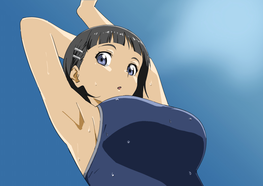1girl, :o, armpits, blue_background, breasts, dr._gero_(staedtler_0508), female_focus, from_below, hair_ornament, hairclip, highres, kirigaya_suguha, large_breasts, looking_at_viewer, looking_down, one-piece_swimsuit, school_swimsuit, short_hair, solo, stretching, swimsuit, sword_art_online