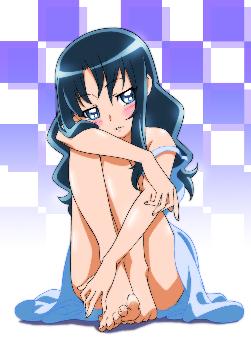1girl, bare_legs, bare_shoulders, barefoot, blue_eyes, blue_hair, blush, checkered_background