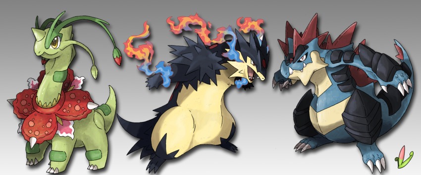claws, commentary, english_commentary, etherealhaze, fangs, feraligatr, fire, gen_2_pokemon