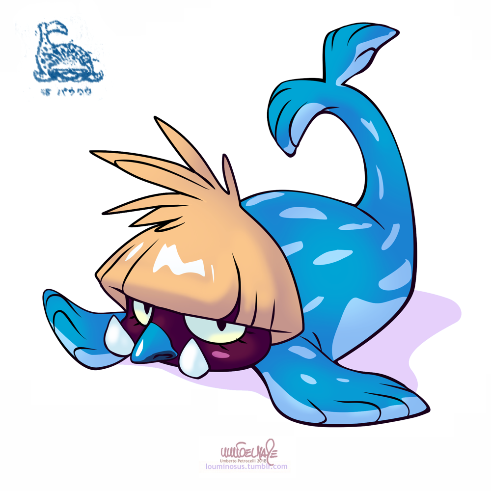 bad_id, bad_tumblr_id, blonde_hair, blunt_bangs, commentary, creature, english_commentary, eyelashes, full_body, looking_at_viewer, louminosus, lying, nintendo, no_humans, nose, on_stomach, pokemon, pokemon_(creature), pokemon_focus, pokemon_red/green/blue/yellow, pokemon_rgby_beta, prototype_design, seel_(beta), simple_background, solo, white_background