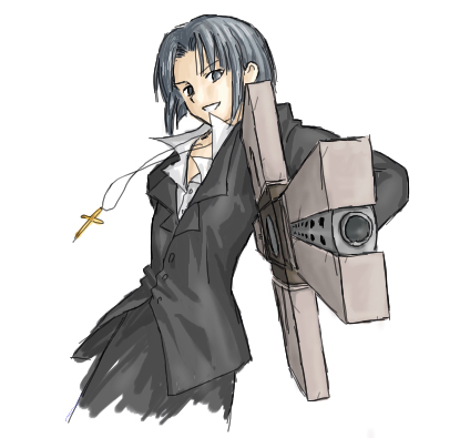 1girl, black_hair, cosplay, cross, female_focus, formal_clothes, gun, jewelry