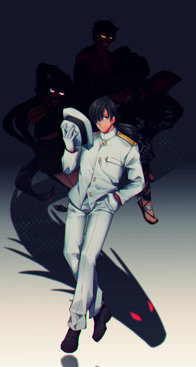 10s, 1girl, 2boys, black_hair, crossover, dragon, eastern_dragon, fate/grand_order