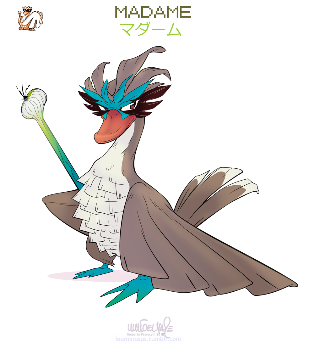 animal_focus, bird, brown_eyes, character_name, commentary, creature, english_commentary, holding, holding_scepter, louminosus, madame_(pokemon_gsc_beta), nintendo, pokemon, pokemon_(creature), pokemon_gold/silver/crystal, pokemon_gold/silver/crystal_(prototype), prototype_design, scepter, simple_background, solo, standing, white_background
