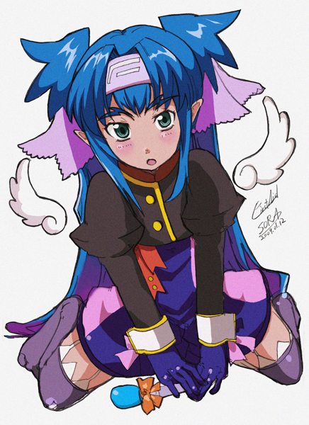 00s, 1girl, angel_wings, blue_hair, boots, female_focus, green_eyes, headband