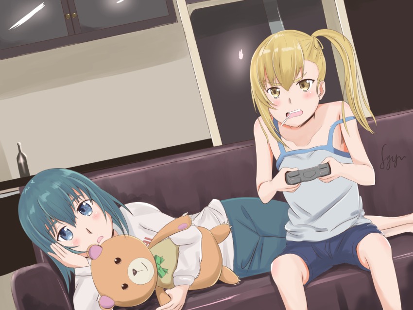10s, 2girls, anzu_(hinamatsuri), bad_id, bad_pixiv_id, blue_eyes, blue_hair, blue_shorts
