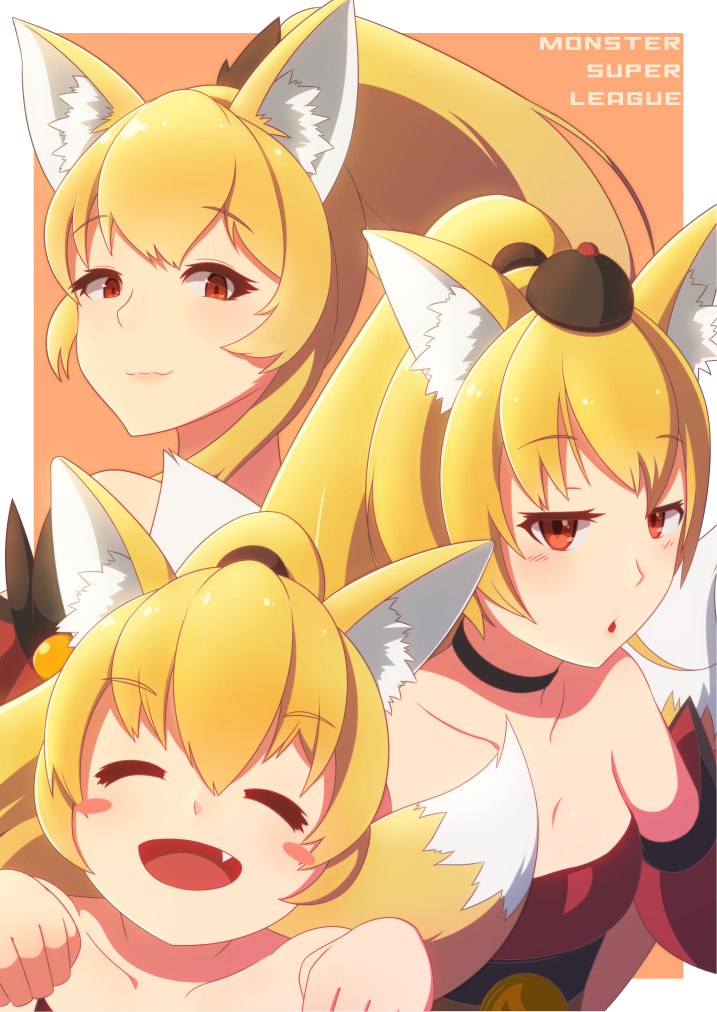 3girls, :o, animal_ears, bare_shoulders, black_choker, blonde_hair, blush, blush_stickers