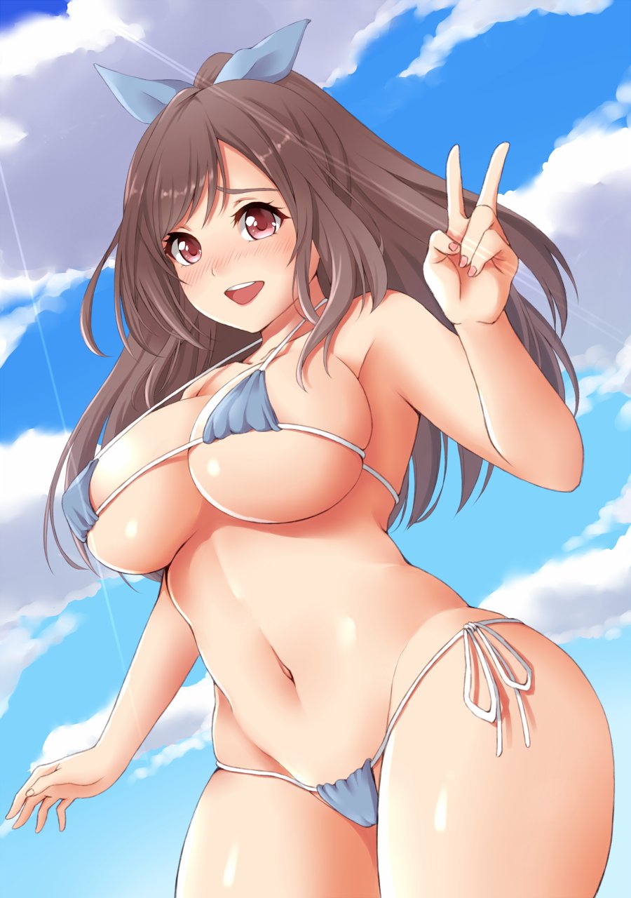 1girl, ako_suke, arm_up, armpits, bikini, blue_bikini, blue_bow, blue_sky