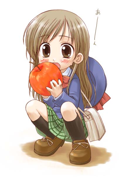 00s, 1girl, aishiteruze_baby, apple, blush, brown_eyes, brown_hair, child